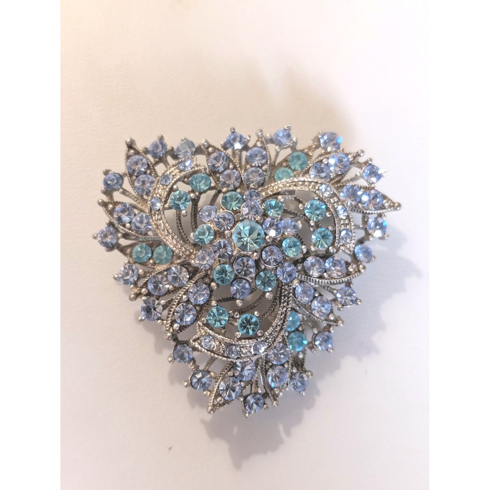 Vintage Silver Tone Heart Floral Brooch Blue Aqua Rhinestone Statement Pin J055